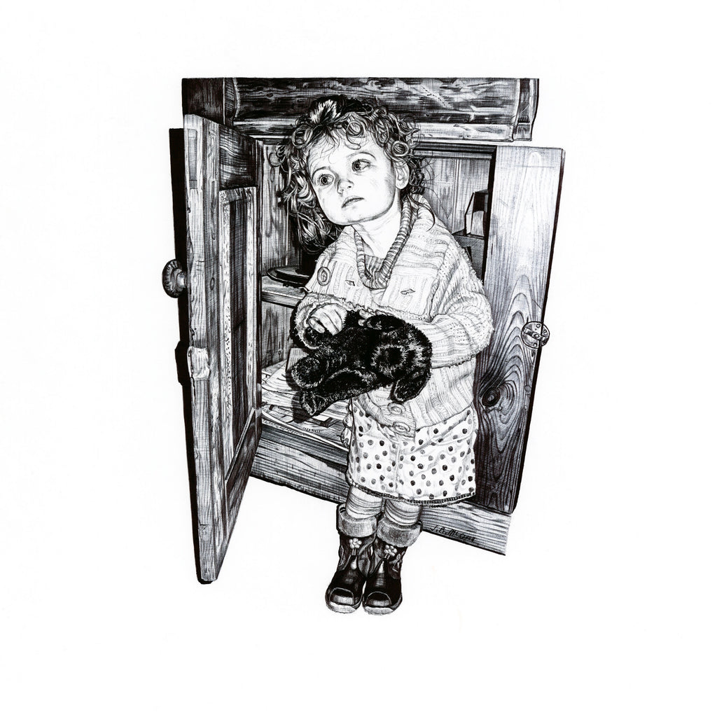 Biro drawing of a little girl holding a toy next to a sideboard