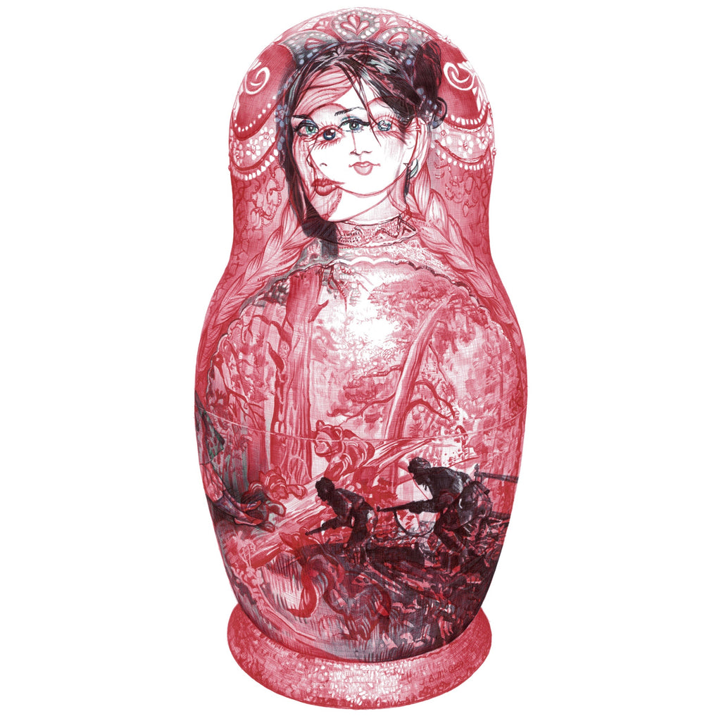 Red Biro drawing of Russian Doll with layered images of WWII soldiers Stalingrad and self portrait
