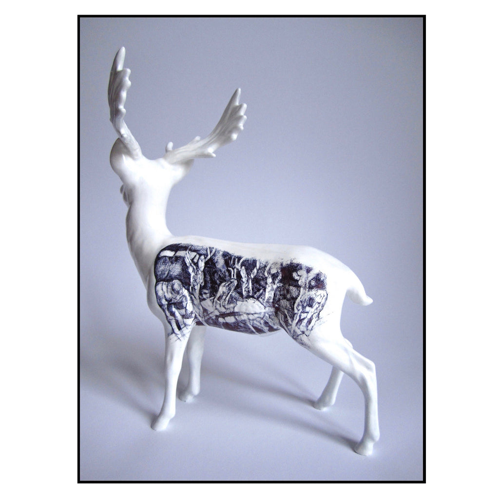 China stag figurine with a biro drawing of deer