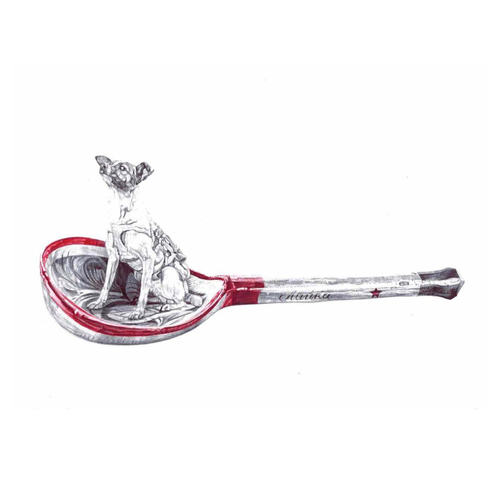 Red and black Biro drawing of a Russian wooden spoon with Laika cosmonaut dog sitting in bowl