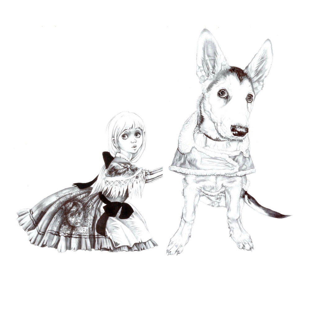 Biro drawing of Gretel after Janet and Anne Grahame Johnstone drawing sitting next to a giant puppy