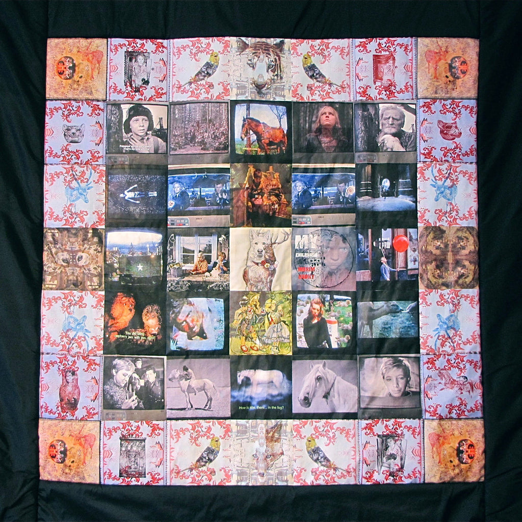 Quilt made of squares with images from war films and drawings
