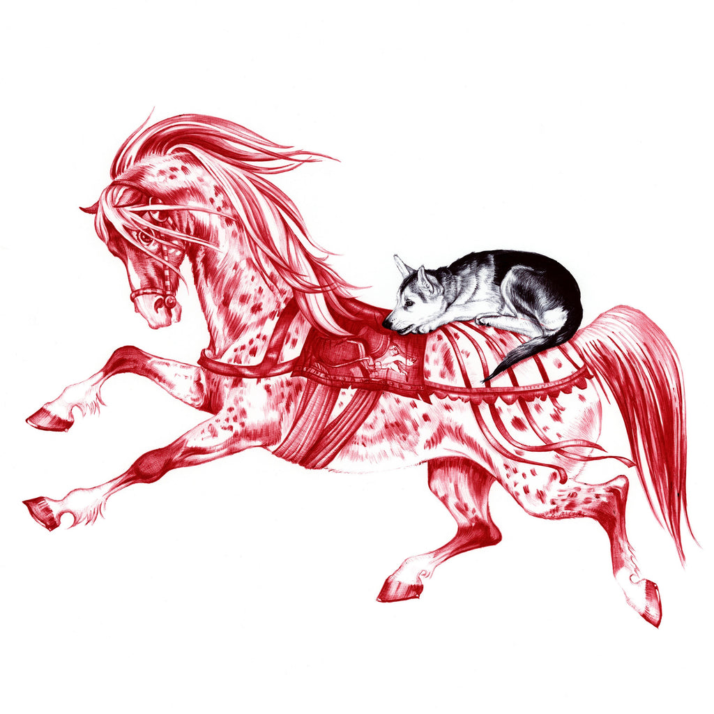 Red and black Biro drawing of a horse after Janet and Anne Grahame Johnstone and a wolf cub on it's back