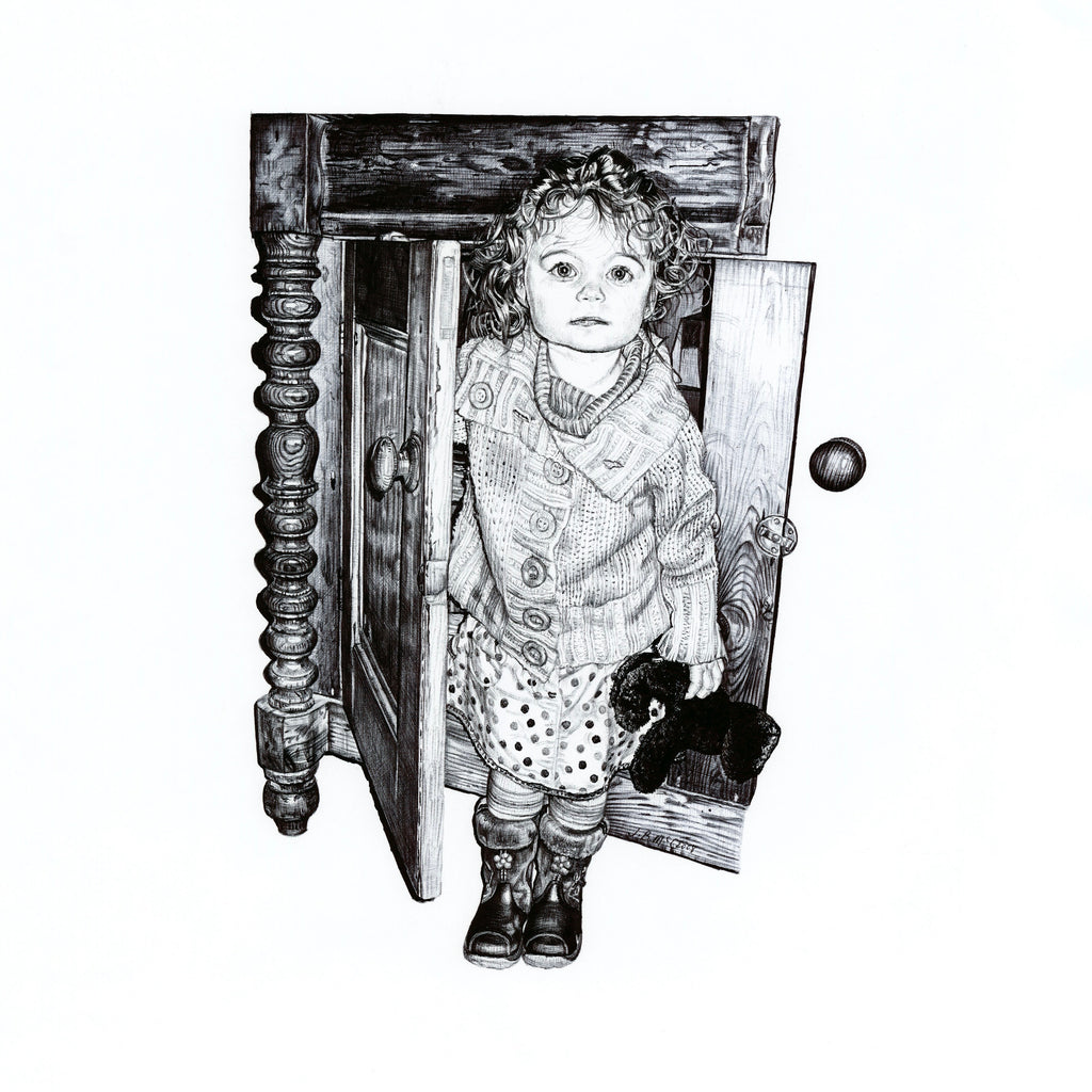 Biro drawing of a little girl holding a toy next to a sideboard