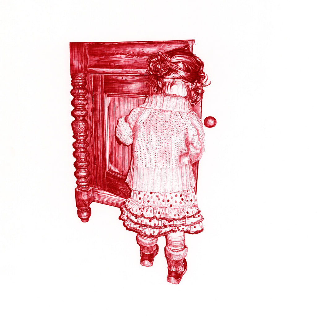 Red Biro drawing of a little girl next to a sideboard